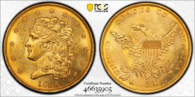 1834 $5 Classic, Crosslet 4, HM-9 MS63+