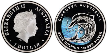 2009-P $1 Dolphin - Colorized Discover Australia, Dreaming PR69DCAM
