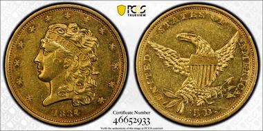 1834 $5 Classic Head, Plain 4 AU55