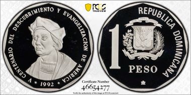 1992(c) Peso Columbus Ag PR68DCAM