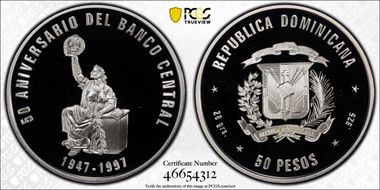 1997 50 Peso 50th Ann. Central Bank PR70DCAM