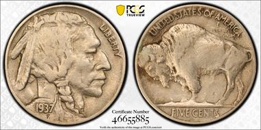 1937-D 5C 3 Legs VF30