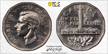 1951 5C Nickel Bicentennial MS65