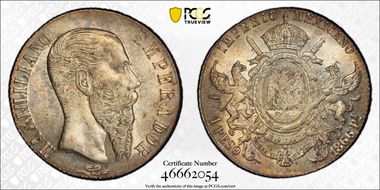 1866-Pi Peso Maximilian KM-388.2 Ag MS63