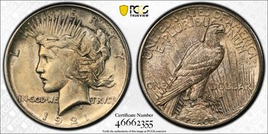 1921 $1 High Relief, Peace AU58