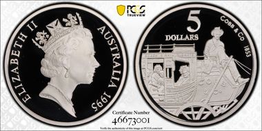 1995 $5 Cobb & Co. 1853 Colonial Australia PR70DCAM
