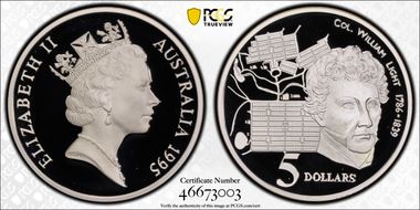 1995 $5 Col. William Light Colonial Australia PR70DCAM