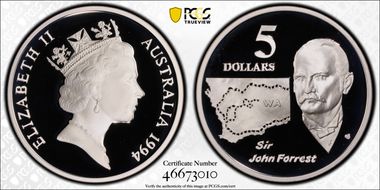 1994 $5 Sir John Forrest Australian Explorers PR70DCAM