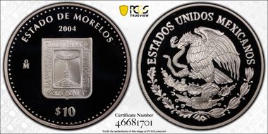 2004-Mo 10 Peso Morelos KM-745  Ag PR69DCAM