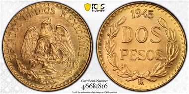 1945-Mo 2 Peso Double Mint Mark Obv/Rev MS67