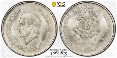 1954-Mo 5 Peso Hidalgo KM-467  Ag MS65