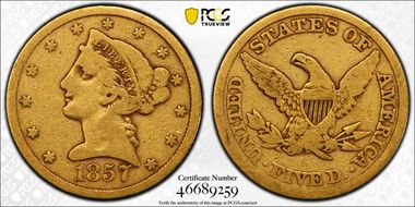 1857-S $5 VG8