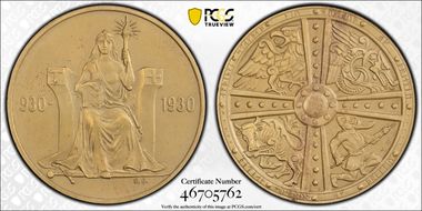 1930 2 Kr X-1 1000 Years Althing Brass Matte MS63