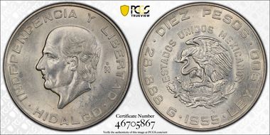 1955-Mo 10 Peso Hidalgo KM-474  Ag MS63