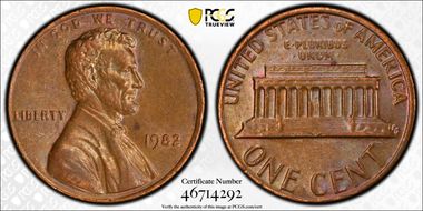 1982 1C Bronze, Small Date AU55BN