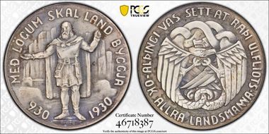 1930 5 Kr X-2 1000 Years Althing Ag Matte MS64