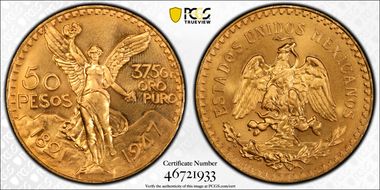 1947 50 Peso New Die Restrike KM-481  Au MS68