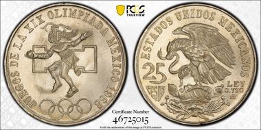 1968-Mo 25 Peso Olympic KM-479.1 Rings Align, Straight Tongue MS67