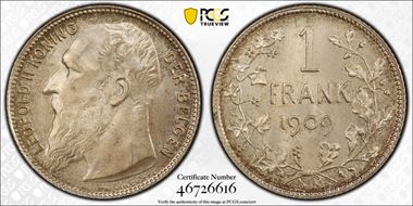1909 1 Fr BELGEN KM-57.2  Ag MS65