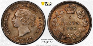 1880-H 5C Obverse 3, Narrow Date MS65