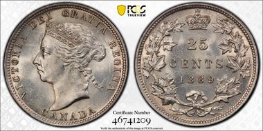 1889 25C Closed 9, Wide Date, Dbl 5 Obv 5, Rev 2 MS63