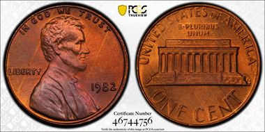 1982 1C Bronze, Large Date MS65RB