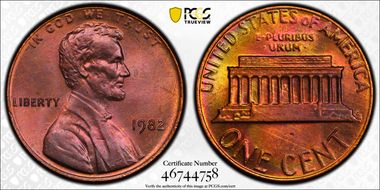 1982 1C Bronze, Small Date MS65BN