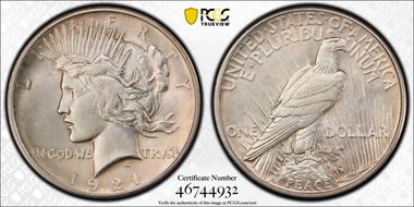 1921 $1 High Relief, Peace AU58