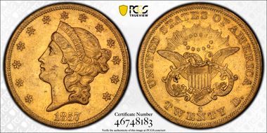 1857-S $20 AU55