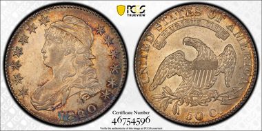 1820 50C Curl Base 2, Small Date AU55