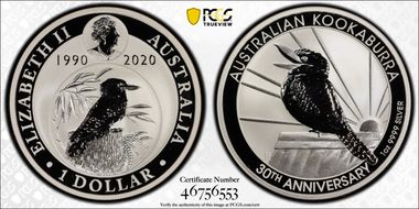 2020-P $1 Kookaburra Ag 30th Anniv. MS70