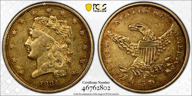 1834 $5 Classic Head, Plain 4 XF40