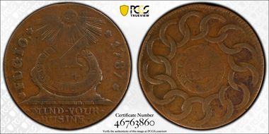 1787 Fugio 1C Newman 12-Z, Raised Rims VF25BN