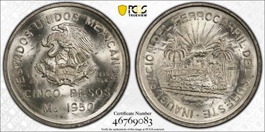 1950-Mo 5 Peso Southeastern Railroad KM-466  Ag MS64