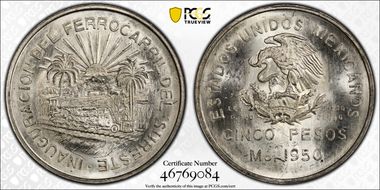 1950-Mo 5 Peso Southeastern Railroad KM-466  Ag MS64