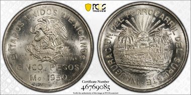 1950-Mo 5 Peso Southeastern Railroad KM-466  Ag MS64