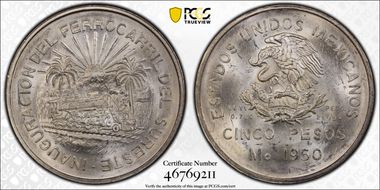 1950-Mo 5 Peso Southeastern Railroad KM-466  Ag MS65