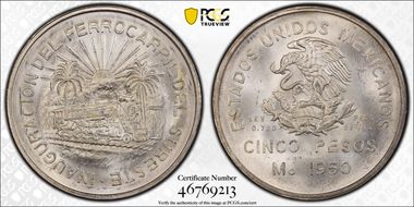 1950-Mo 5 Peso Southeastern Railroad KM-466  Ag MS65