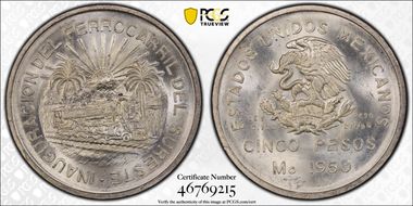 1950-Mo 5 Peso Southeastern Railroad KM-466  Ag MS65