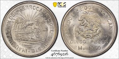 1950-Mo 5 Peso Southeastern Railroad KM-466  Ag MS64