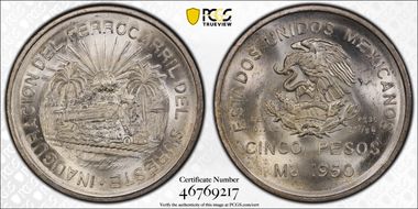 1950-Mo 5 Peso Southeastern Railroad KM-466  Ag MS64+