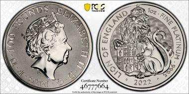 2022 £100 Lion of England Pt Royal Tudor Beasts MS69