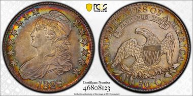 1828 50C Square Base 2, Large 8s AU53+