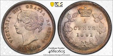 1891 5C Wide Date, 8/8, 9/9 MS65