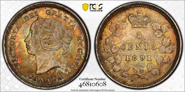 1891 5C Obv 2 WD 1/1 8/8 Low 91 MS65