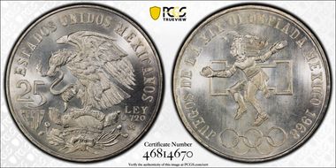 1968-Mo 25 Peso Olympic KM-479.1 Rings Align, Straight Tongue MS68