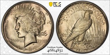 1921 $1 High Relief, Peace MS64