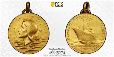 1962 Medal SS France Gilt AE Cie Gle Transatlantique MS63