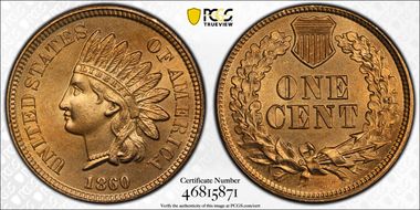 1860 1C Pointed Bust MS66