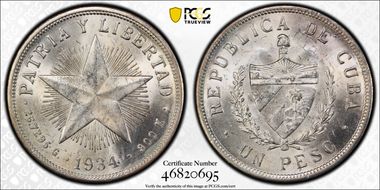 1934 Peso KM-15.2  Ag MS63